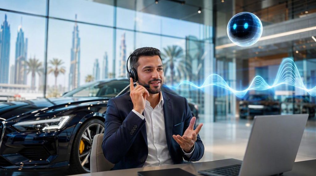 Agentic AI concept illustration in Eva AI brand style for car dealerships