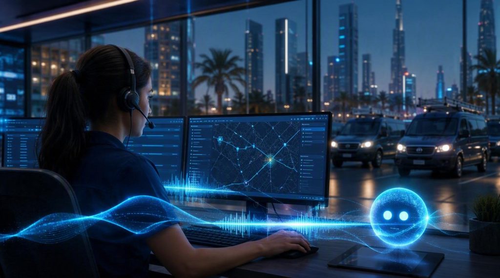 Agentic AI concept illustration in Eva AI brand style for UAE home services