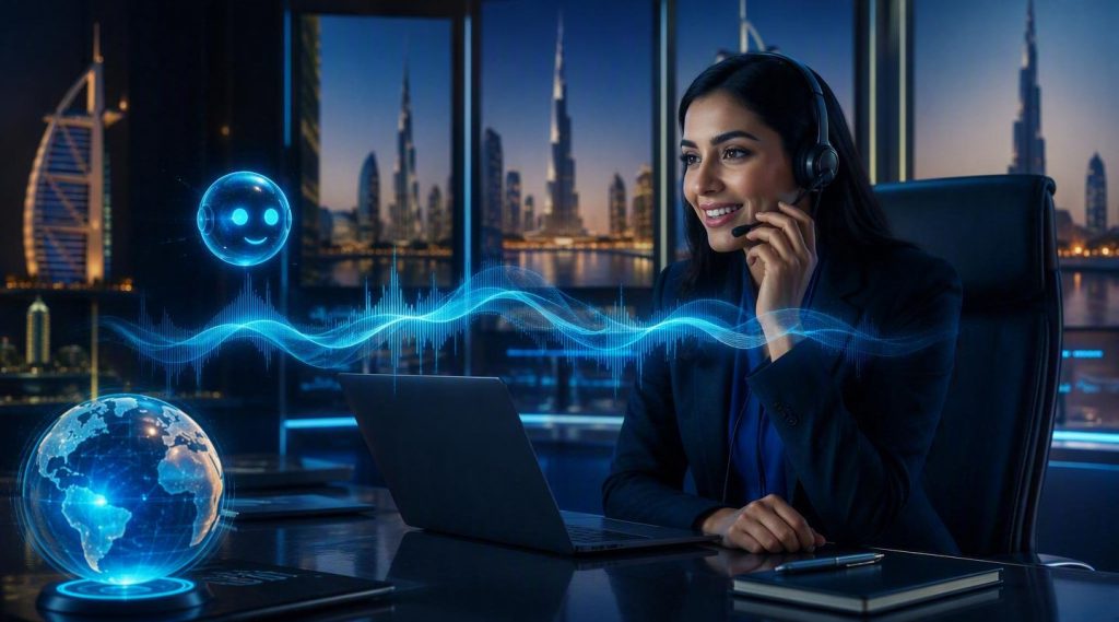 Agentic AI for customer service concept illustration in Eva AI brand style