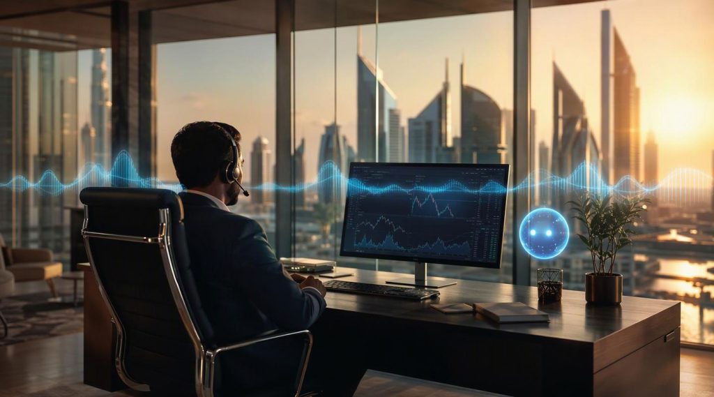Agentic AI for banking UAE concept illustration in Eva AI brand style