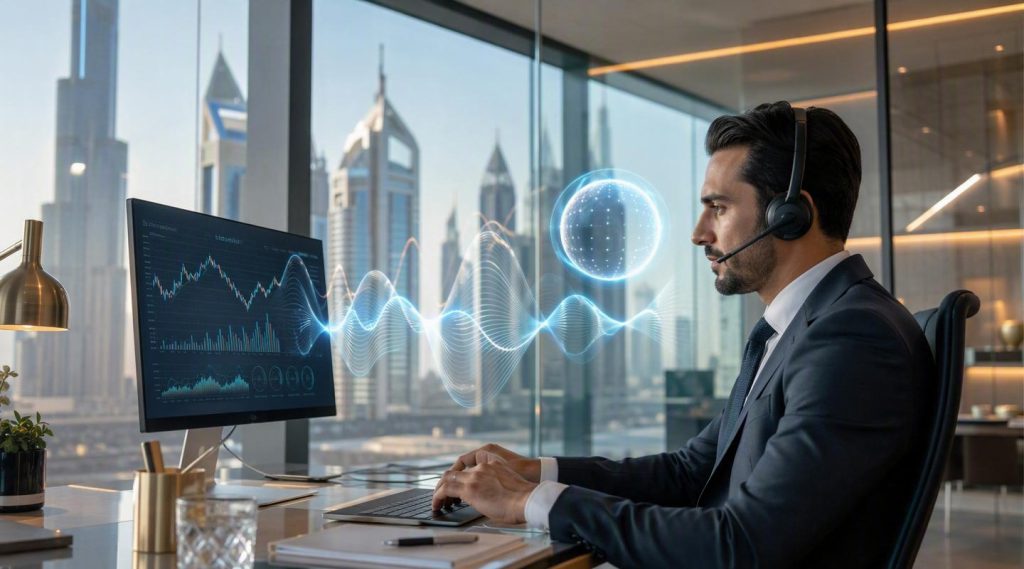 Agentic AI for banking UAE concept illustration in Eva AI brand style