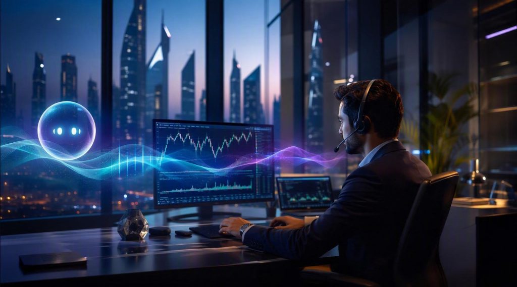 Agentic AI for banking UAE concept illustration in Eva AI brand style