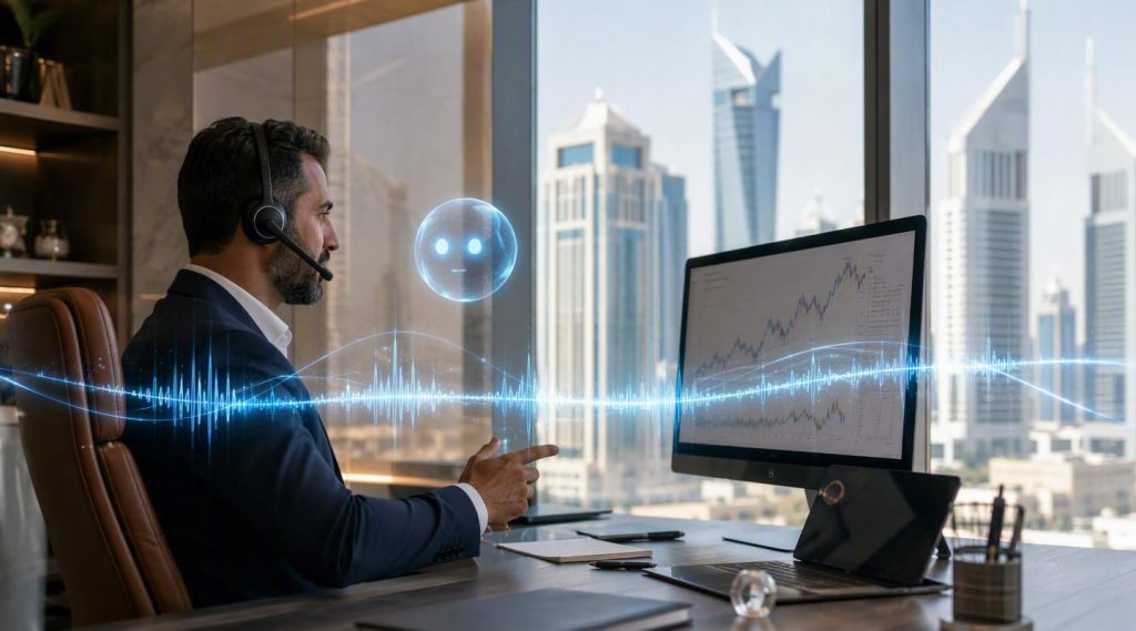Agentic AI for banking UAE concept illustration in Eva AI brand style