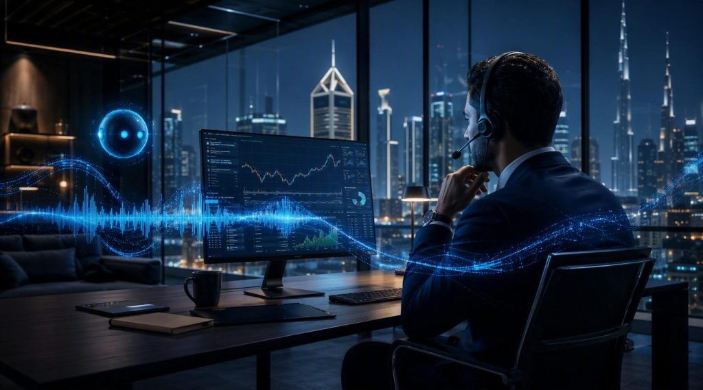 Agentic AI for banking UAE concept illustration in Eva AI brand style