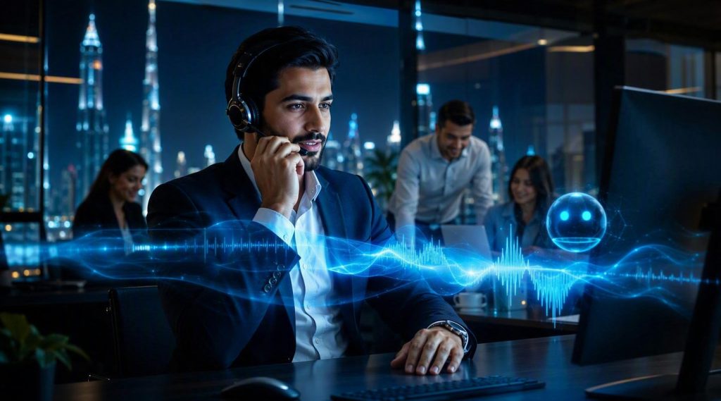 Agentic AI Company Dubai concept illustration in Eva AI brand style