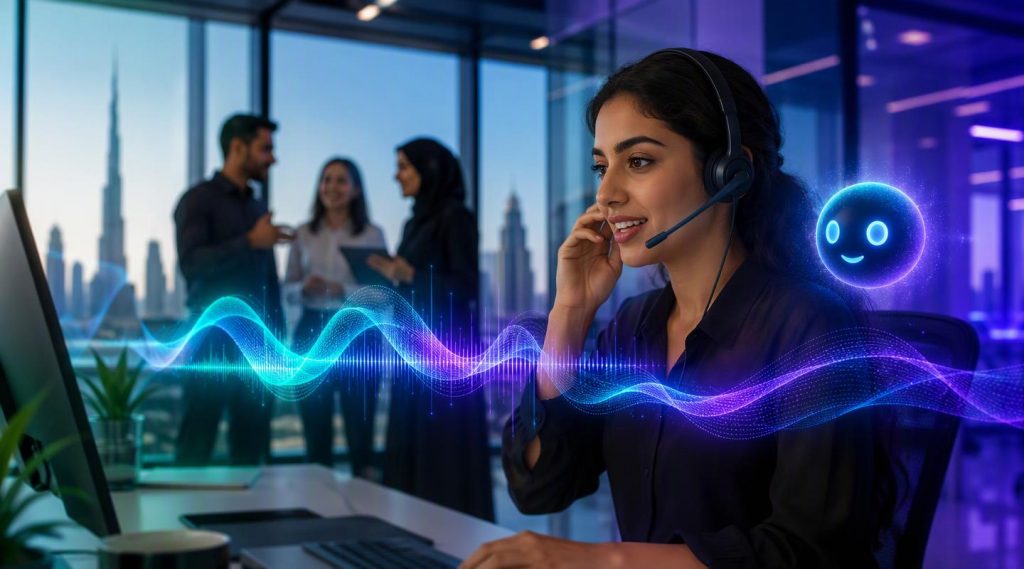 Agentic AI Company Dubai concept illustration in Eva AI brand style