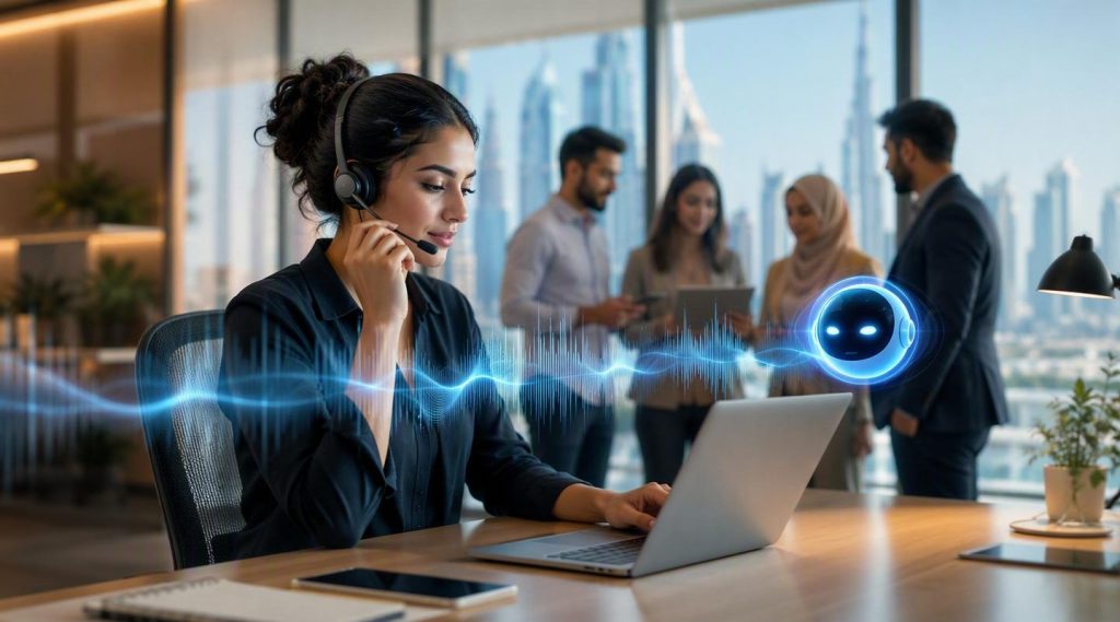Agentic AI for customer service concept illustration in Eva AI brand style
