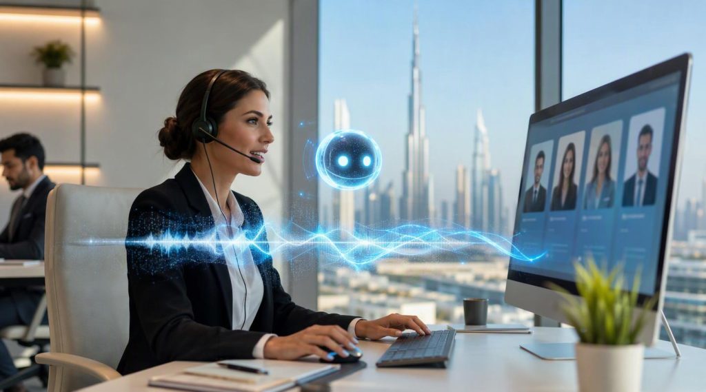 Agentic AI Dubai concept illustration in Eva AI brand style
