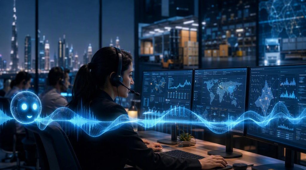 Agentic commerce integration Dubai concept illustration in Eva AI brand style