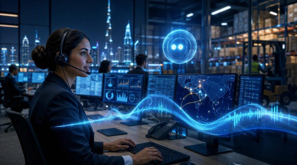 Agentic AI Dubai concept illustration in Eva AI brand style