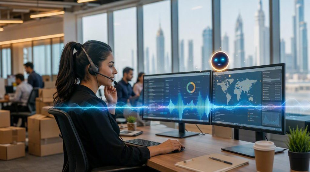 Agentic AI Dubai concept illustration in Eva AI brand style