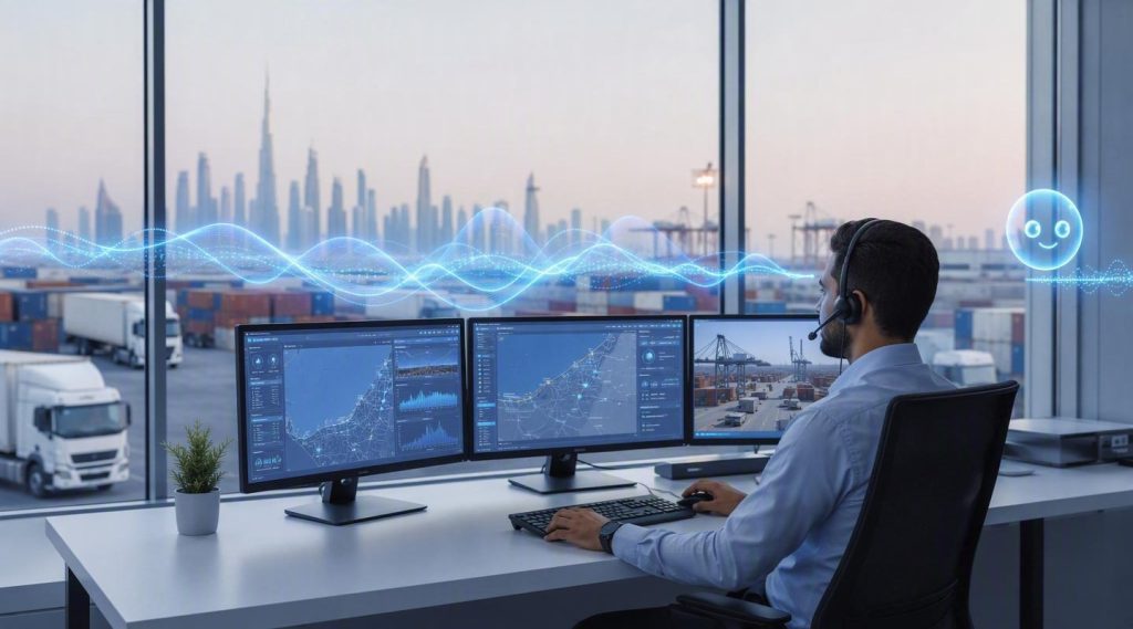 Agentic AI Dubai concept illustration in Eva AI brand style