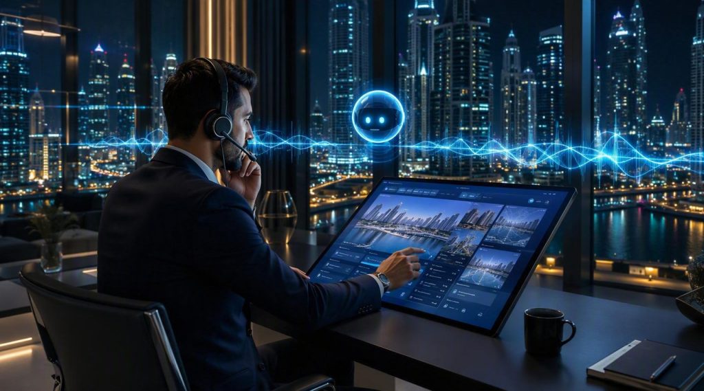 Agentic AI Dubai concept illustration in Eva AI brand style