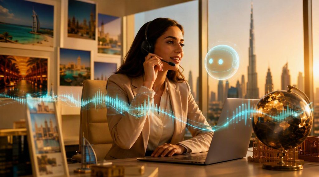 Agentic AI Dubai concept illustration in Eva AI brand style