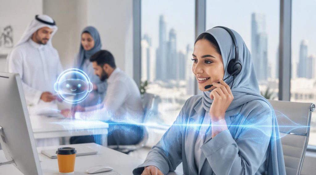Agentic AI Dubai concept illustration in Eva AI brand style