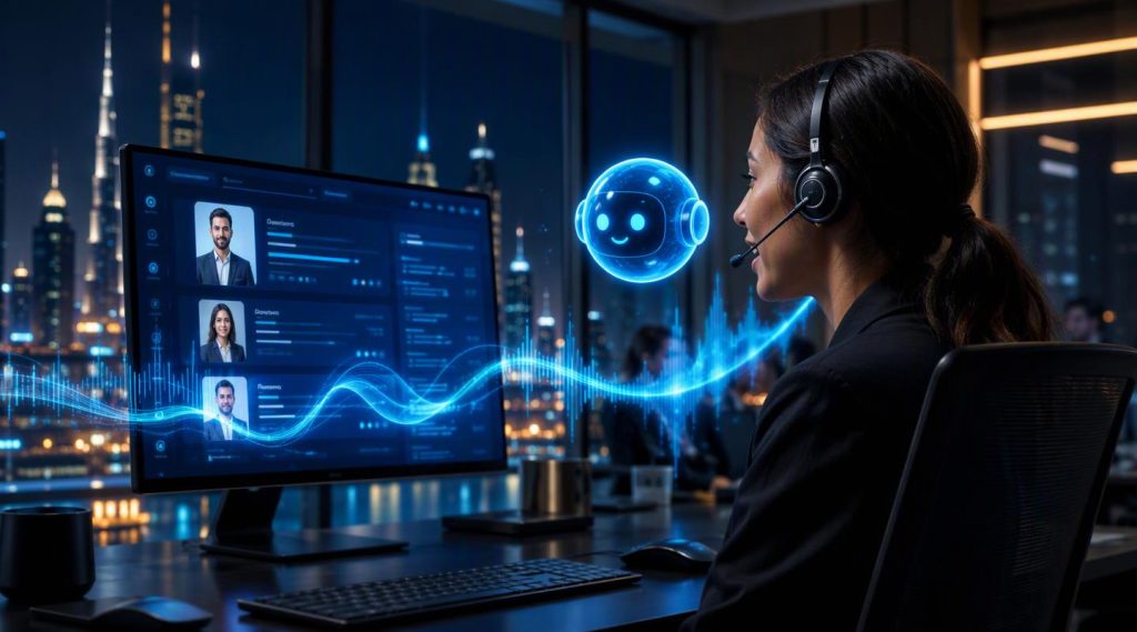 Agentic AI Dubai concept illustration in Eva AI brand style