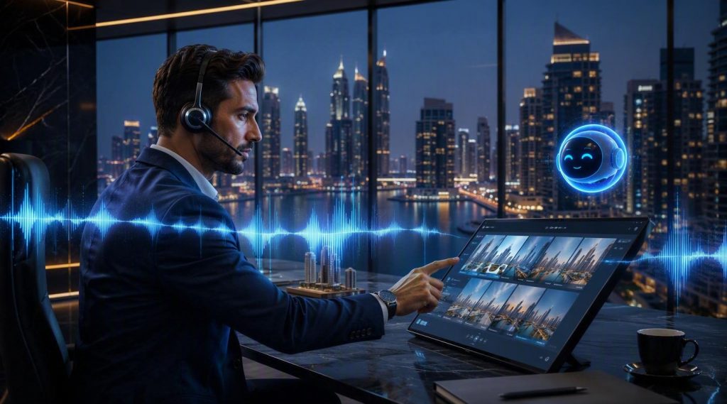 Agentic AI Dubai concept illustration in Eva AI brand style