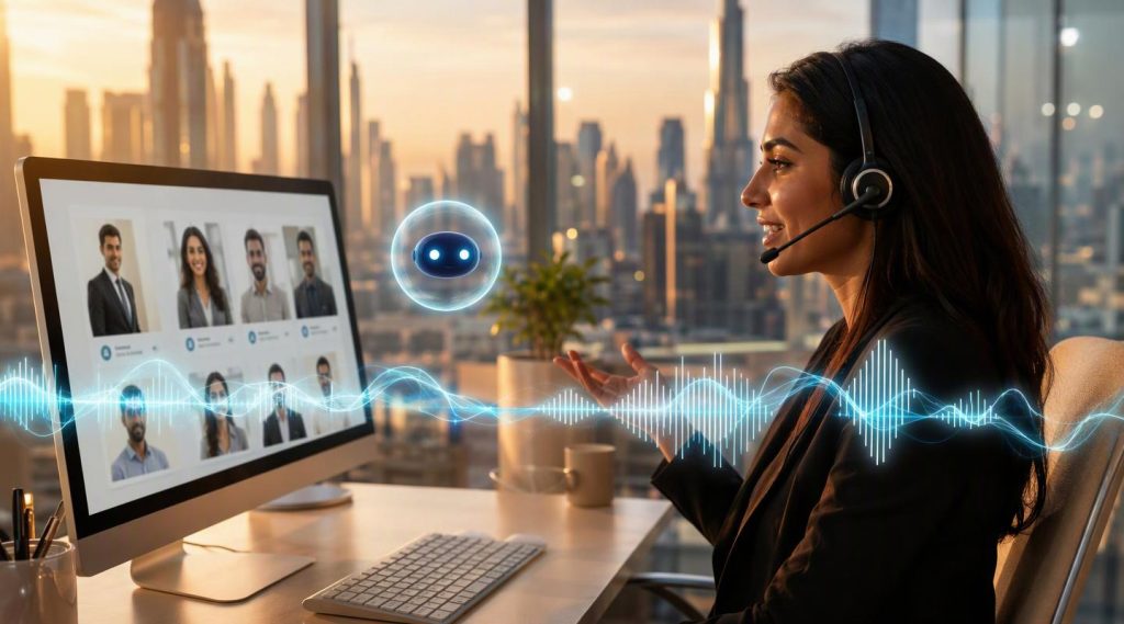 Agentic AI Dubai concept illustration in Eva AI brand style