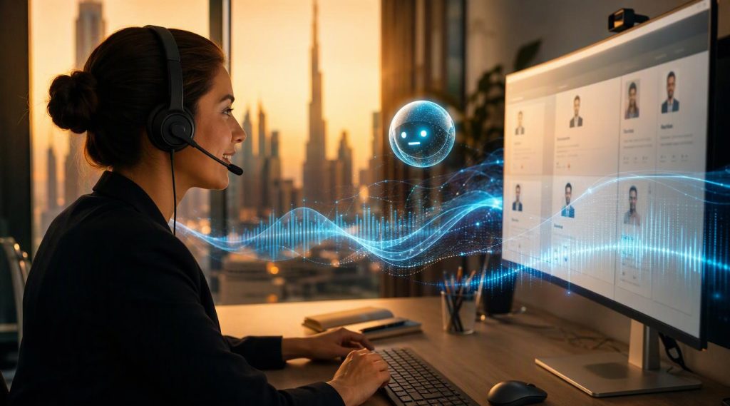 Agentic AI Dubai concept illustration in Eva AI brand style