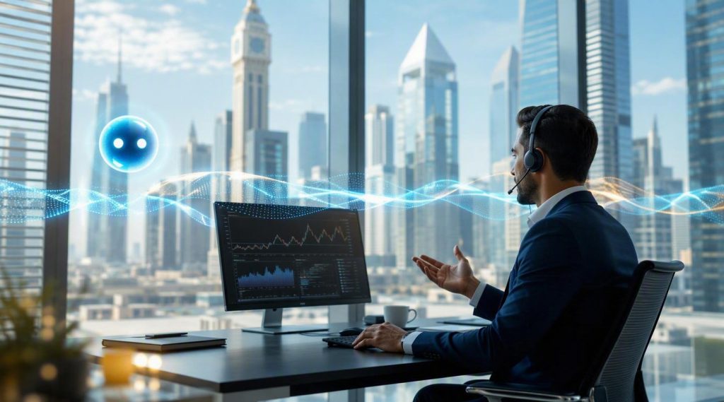 AI transaction monitoring Dubai concept illustration in Eva AI brand style
