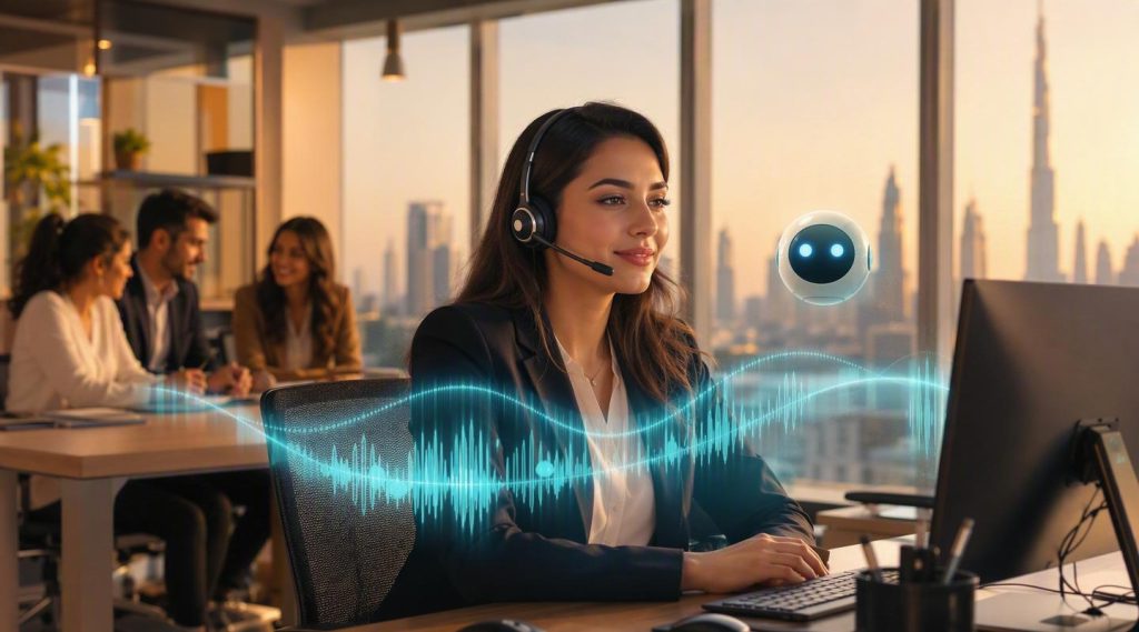 Agentic AI Dubai concept illustration in Eva AI brand style