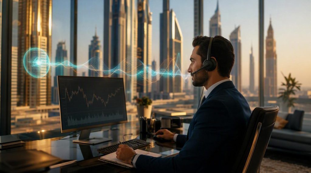 Agentic AI for banking UAE concept illustration in Eva AI brand style