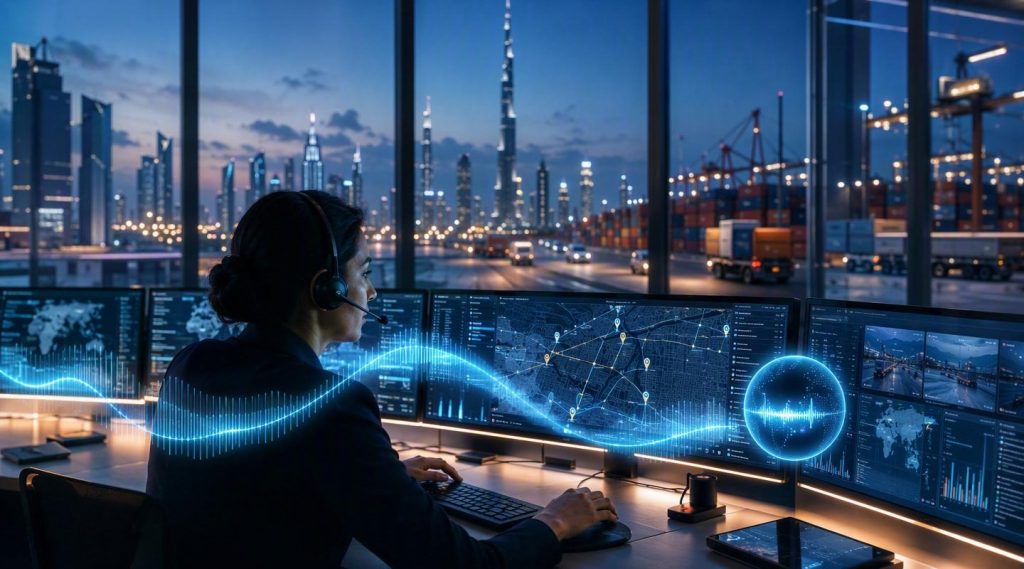 Agentic AI for logistics concept illustration in Eva AI brand style