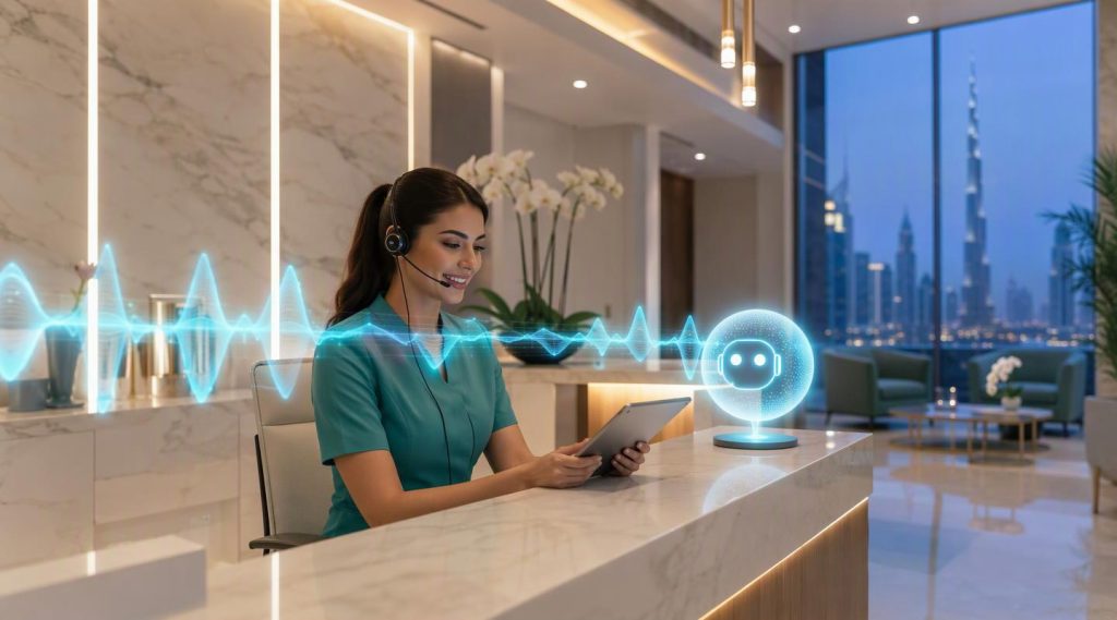 Agentic AI for Healthcare concept illustration in Eva AI brand style