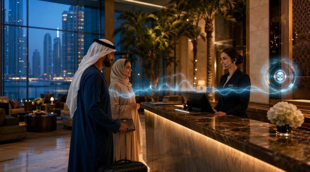 Agentic AI for hotels Dubai concept illustration in Eva AI brand style
