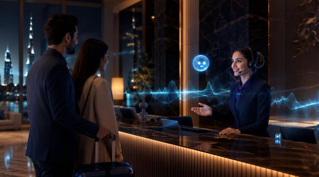 Agentic AI for hotels Dubai concept illustration in Eva AI brand style