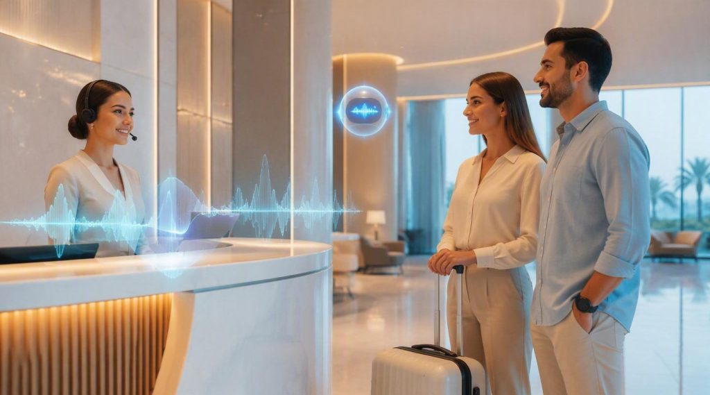 Agentic AI for hotels Dubai concept illustration in Eva AI brand style