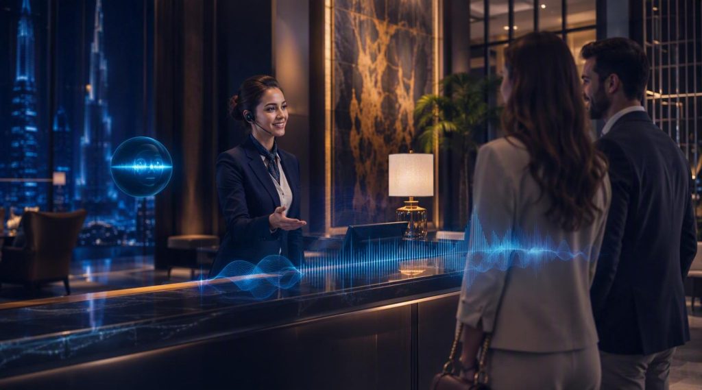 Agentic AI for hotels Dubai concept illustration in Eva AI brand style