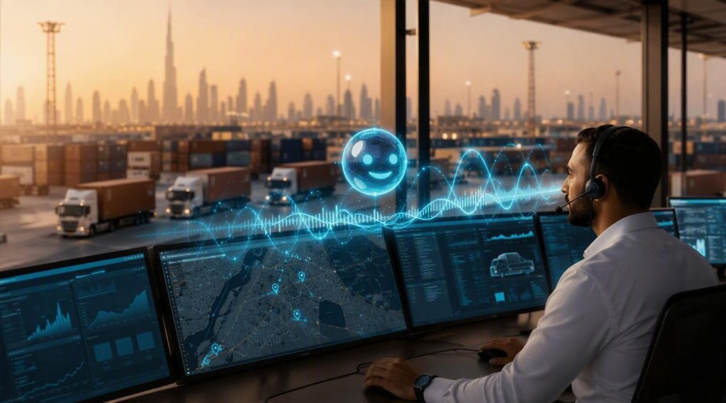 Agentic AI for logistics concept illustration in Eva AI brand style