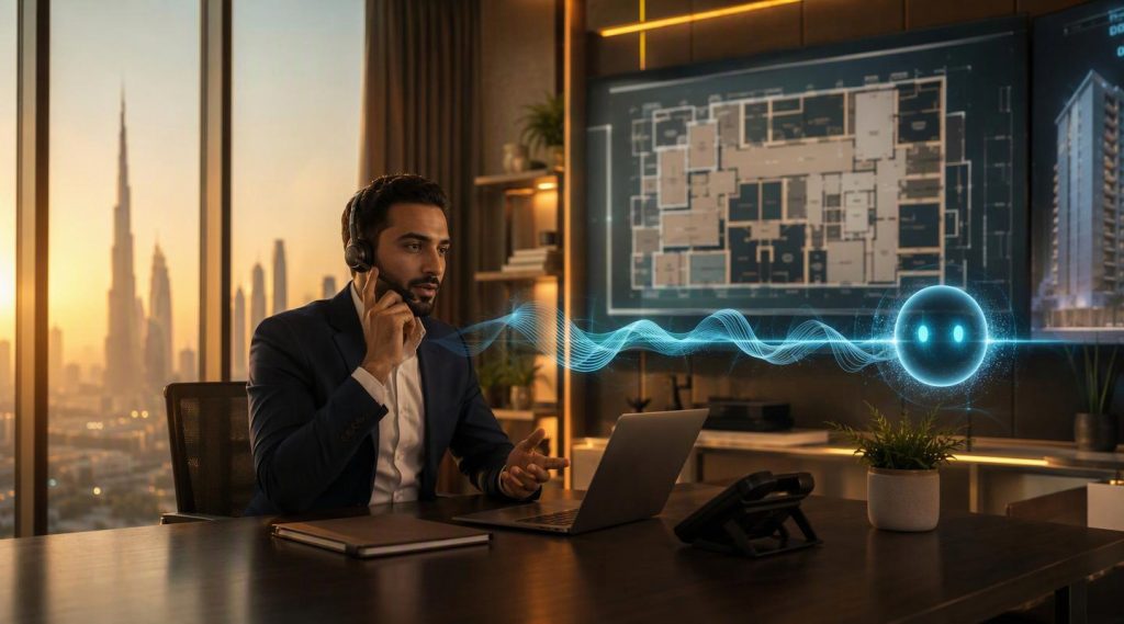 Agentic AI for property management Dubai concept illustration in Eva AI brand style