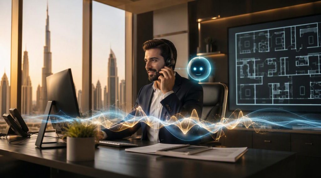 Agentic AI concept illustration in Eva AI brand style for property management Dubai