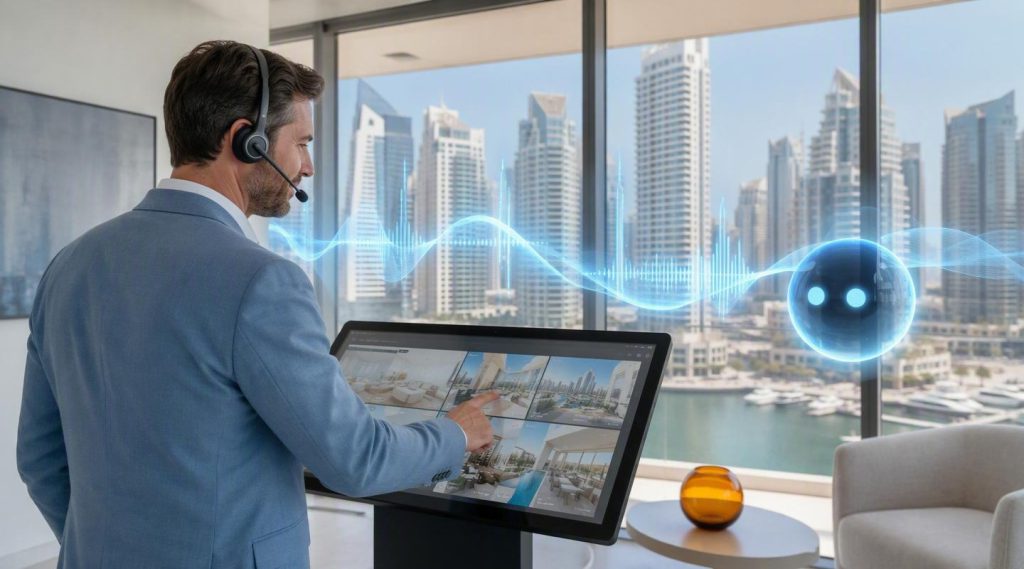 Agentic AI for real estate Dubai concept illustration in Eva AI brand style