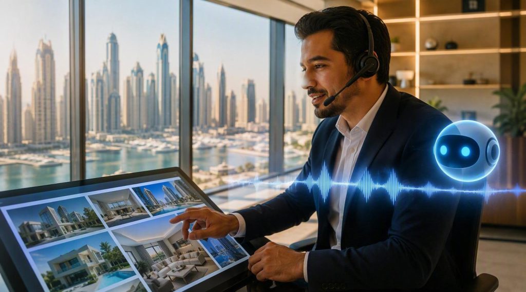 Agentic AI for real estate Dubai concept illustration in Eva AI brand style