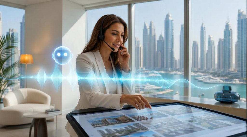 Agentic AI for real estate Dubai concept illustration in Eva AI brand style