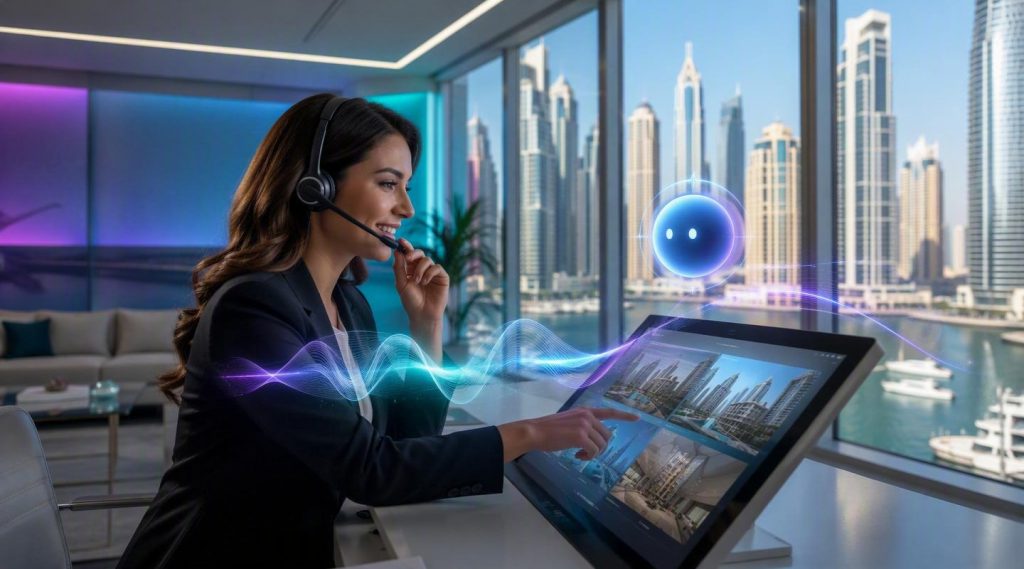 Agentic AI for real estate Dubai concept illustration in Eva AI brand style
