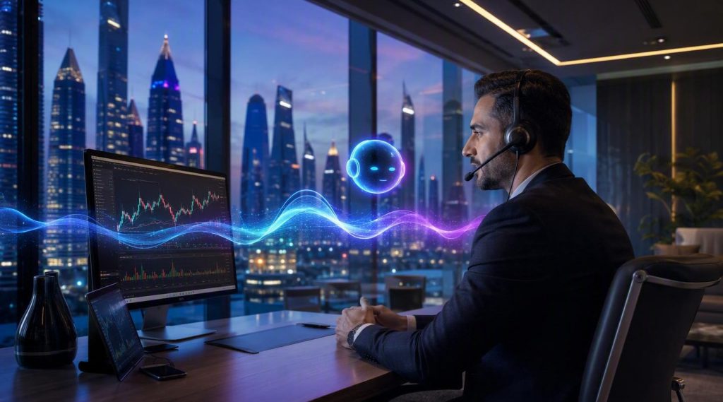 Agentic AI for banking UAE concept illustration in Eva AI brand style
