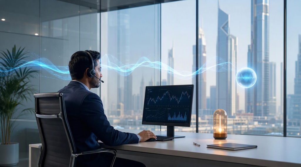 Agentic AI Company Dubai concept illustration in Eva AI brand style