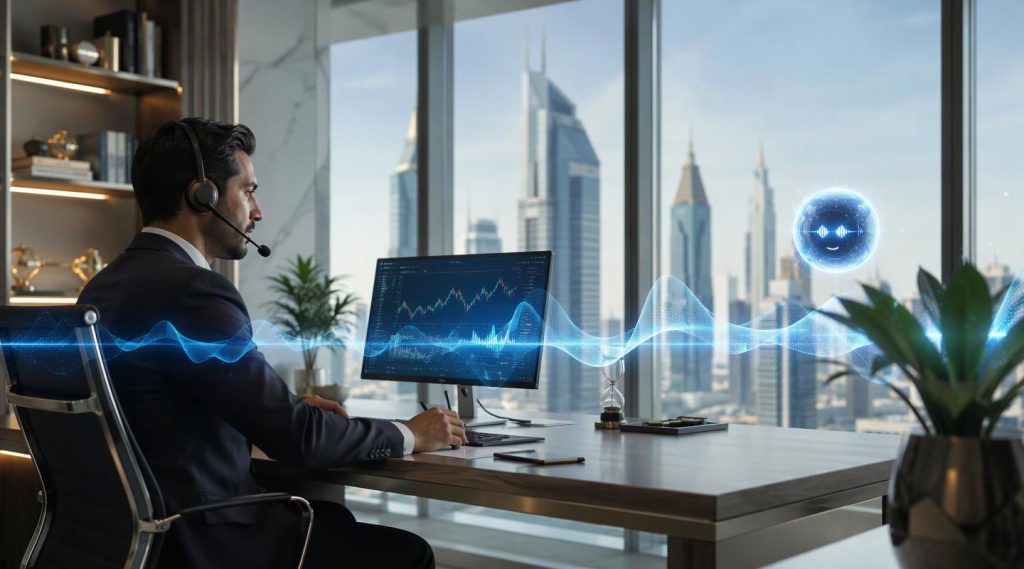 Agentic AI Company Dubai concept illustration in Eva AI brand style