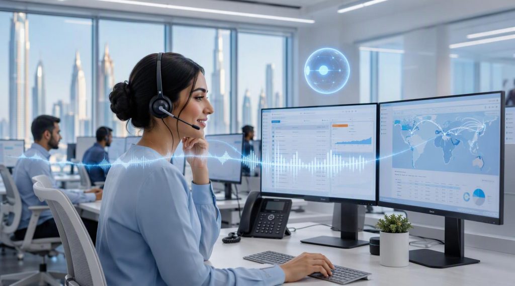 Agentic AI Dubai concept illustration in Eva AI brand style