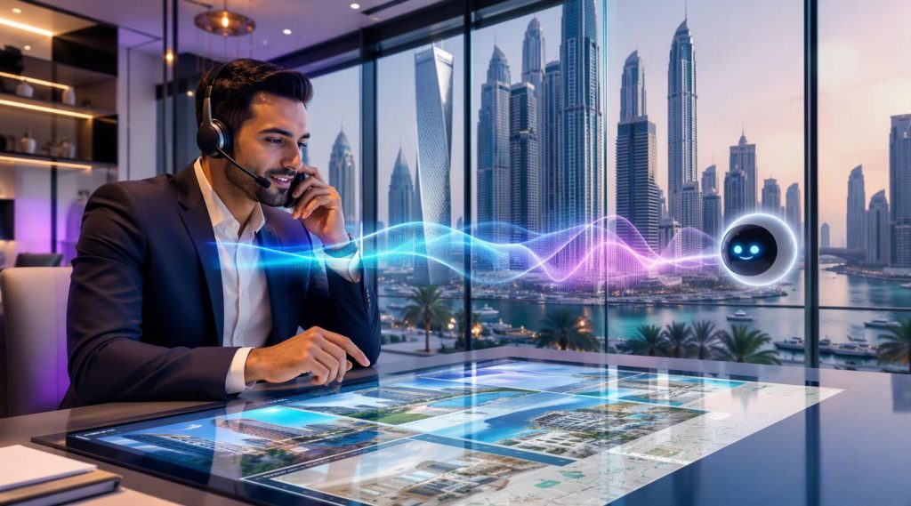 Agentic AI Dubai concept illustration in Eva AI brand style