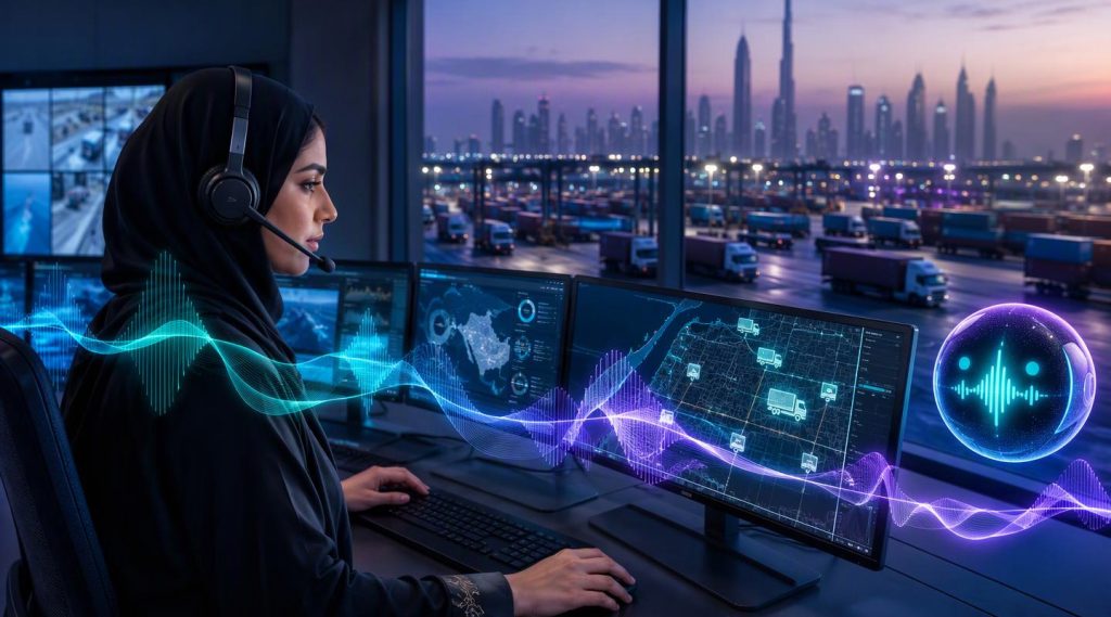 Agentic AI Dubai concept illustration in Eva AI brand style