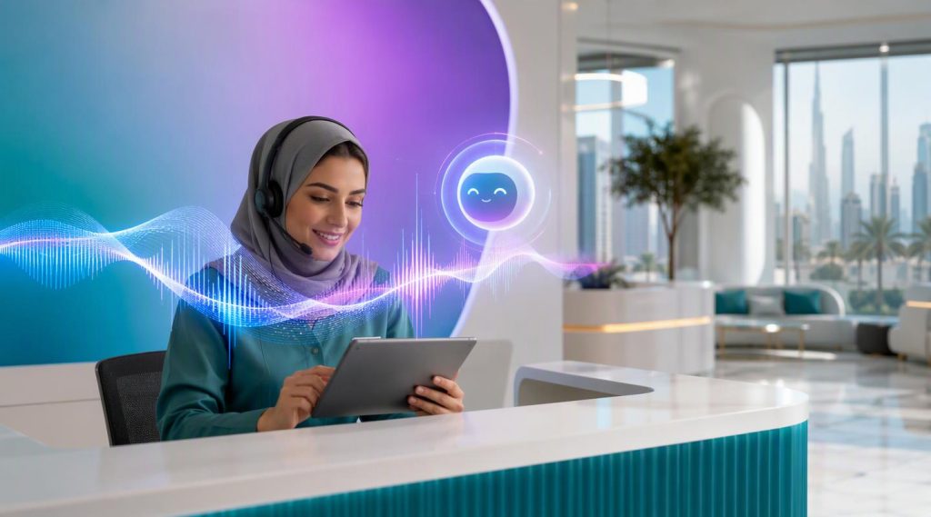 Agentic AI Dubai concept illustration in Eva AI brand style