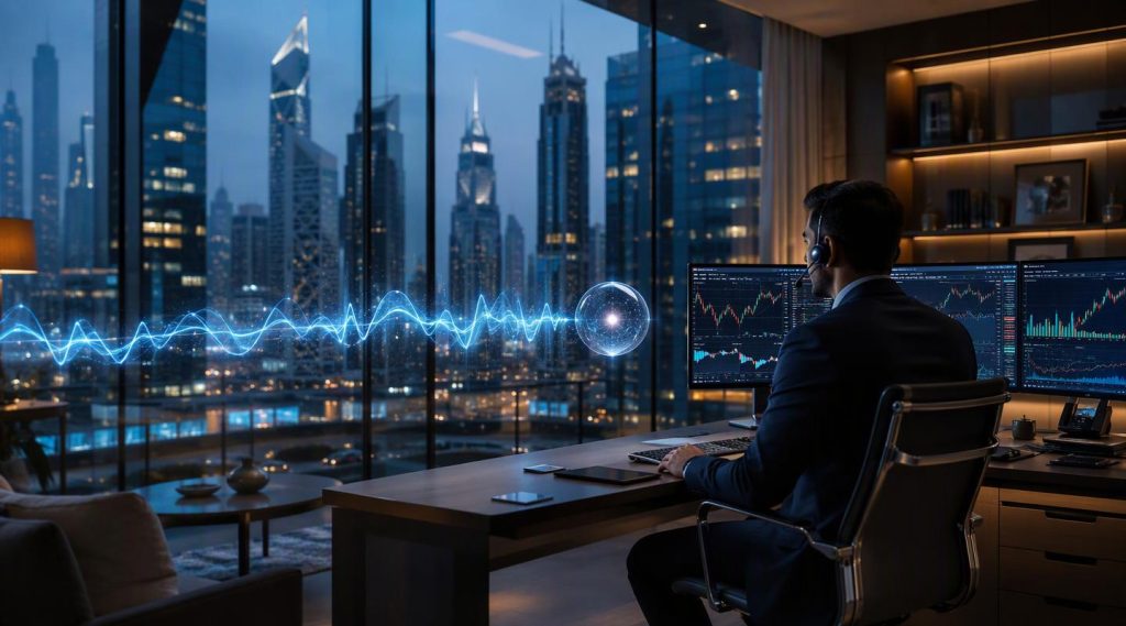 Agentic AI Dubai concept illustration in Eva AI brand style