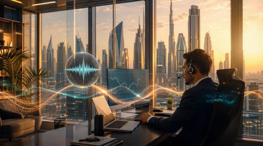 Agentic AI Dubai concept illustration in Eva AI brand style