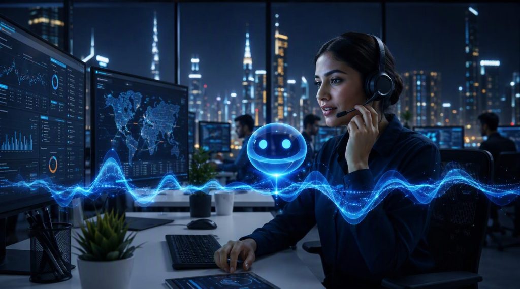 Agentic AI Dubai concept illustration in Eva AI brand style
