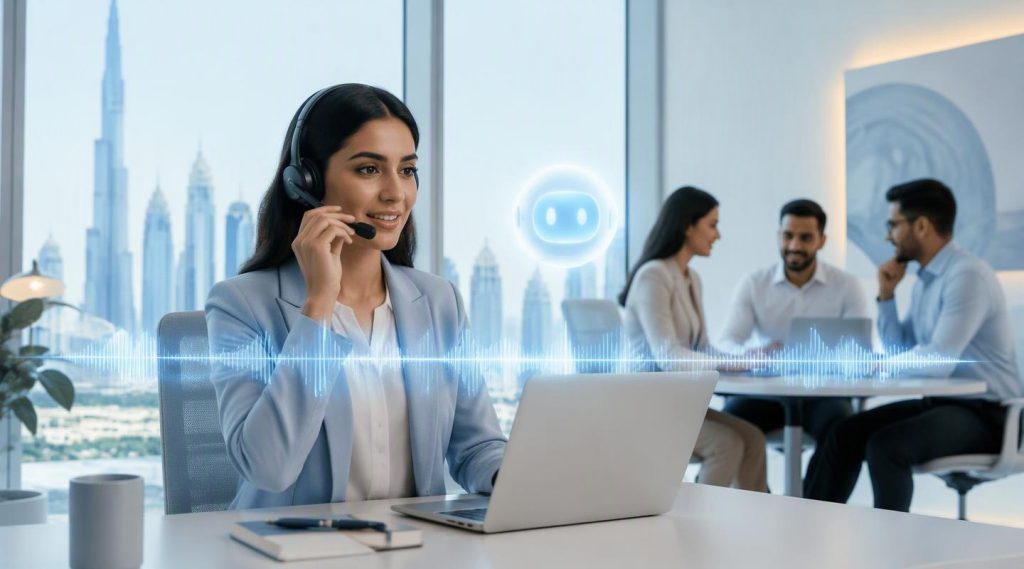 Agentic AI Dubai concept illustration in Eva AI brand style